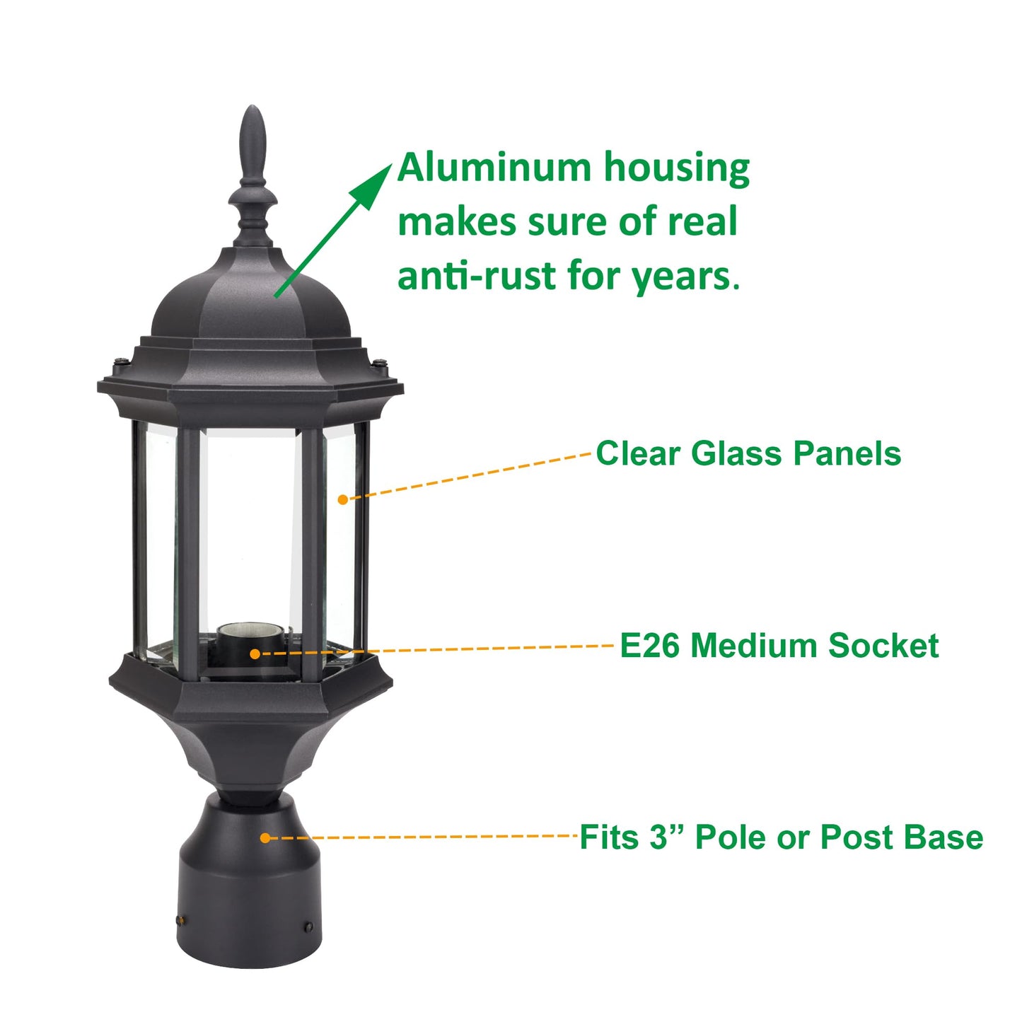 LIT-PaTH Outdoor Post Lighting Fixture Pole Lantern, E26 Medium Base Max 60W, Aluminum Housing Plus Glass, 2-Pack, Black Finish