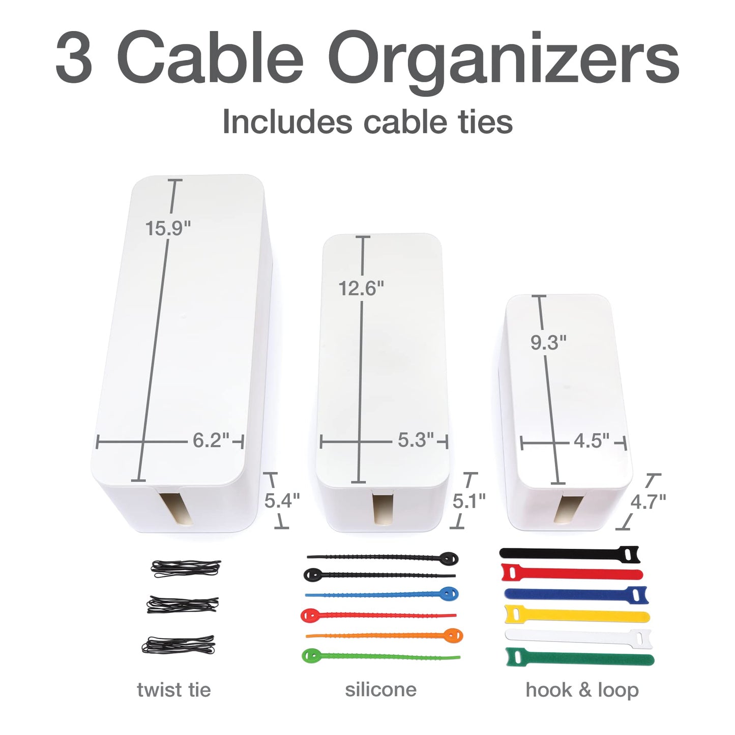 Oxford Cable Management Boxes, 3 Pack, Small, Medium, Large, 15 Cable Ties (Hook & Loop, Silicone,Twist Ties), Power Strip Organizer, White (27800)