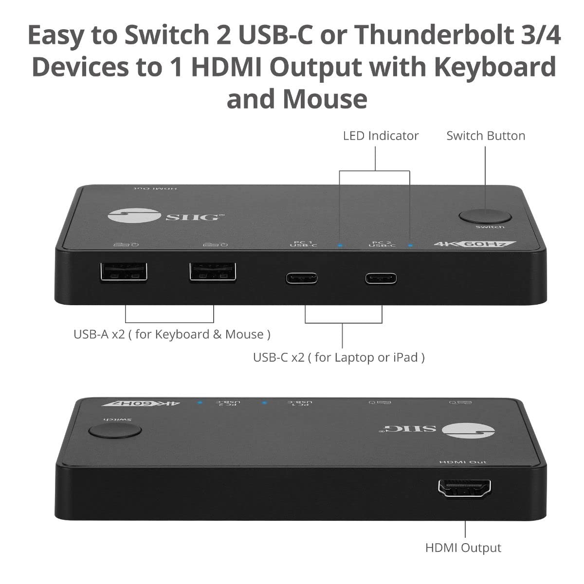 SIIG 2 Port USB-C KVM Switch - 2 Computers to 1 Monitor - 2X USB-A + 2X USB-C - Single 4K 60Hz HDMI, USB-C Bus Powered, Button Control, Thunderbolt 3