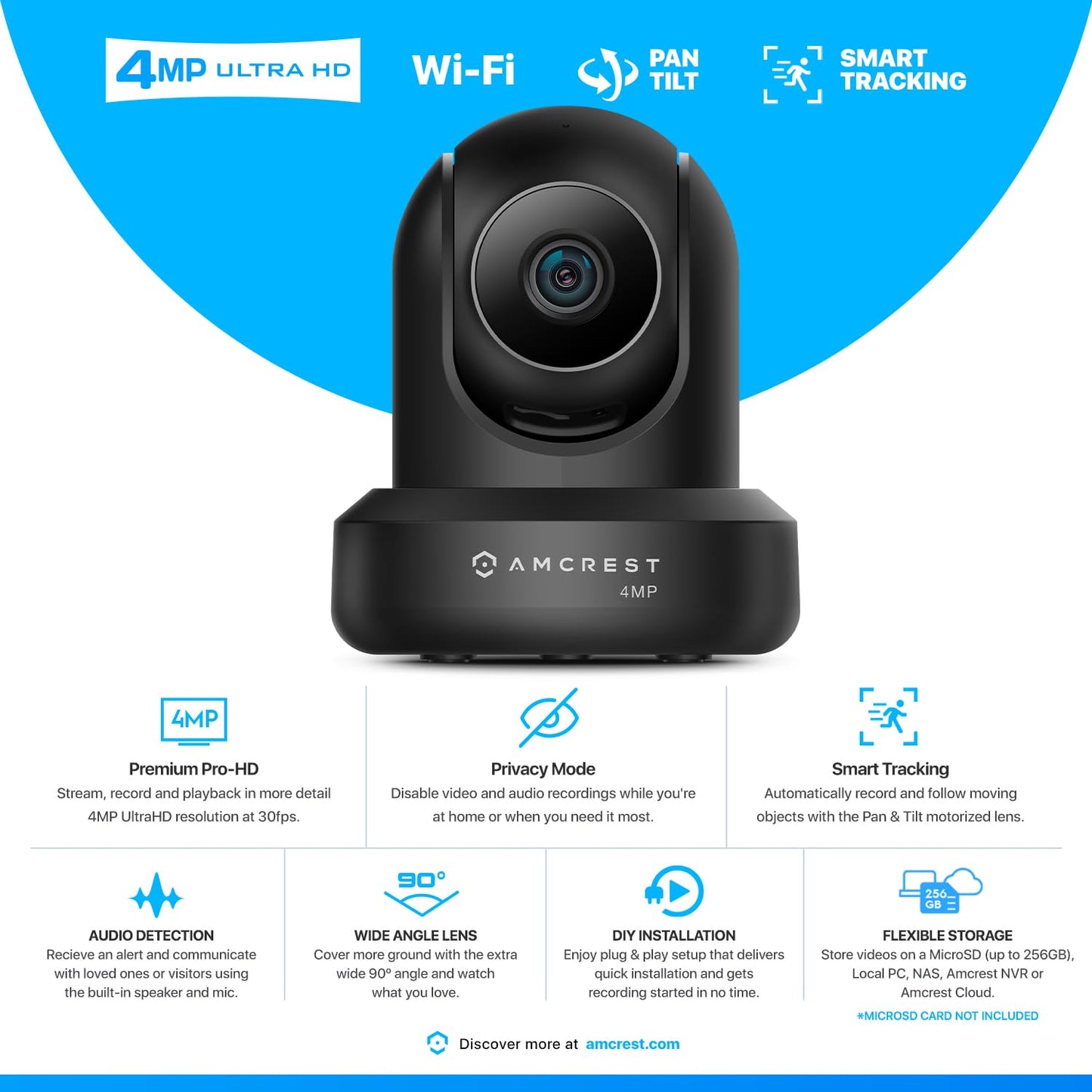 Amcrest 4MP ProHD Indoor WiFi, Security IP Camera with Pan/Tilt, Two-Way Audio, Night Vision, Remote Viewing, 4-Megapixel @30FPS, Wide 90° FOV