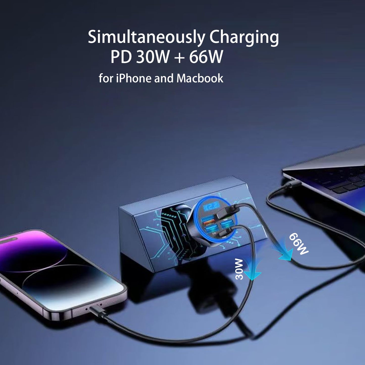 Full PD 30W Multi Port USB C Car Charger Adapter 5 in 1 with Voltage Display, PD4.0/QC4.0/PPS/AFC Super Fast Charging Cigarette Lighter Adapter