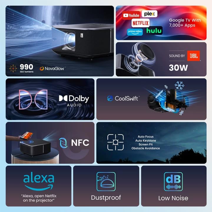 Yaber K3 Projector 990 ISO Smart Projector with Google TV, 30W Speaker Sound by JBL, Dolby Audio, Movie Projector with WiFi6 and Bluetooth, 7000+app