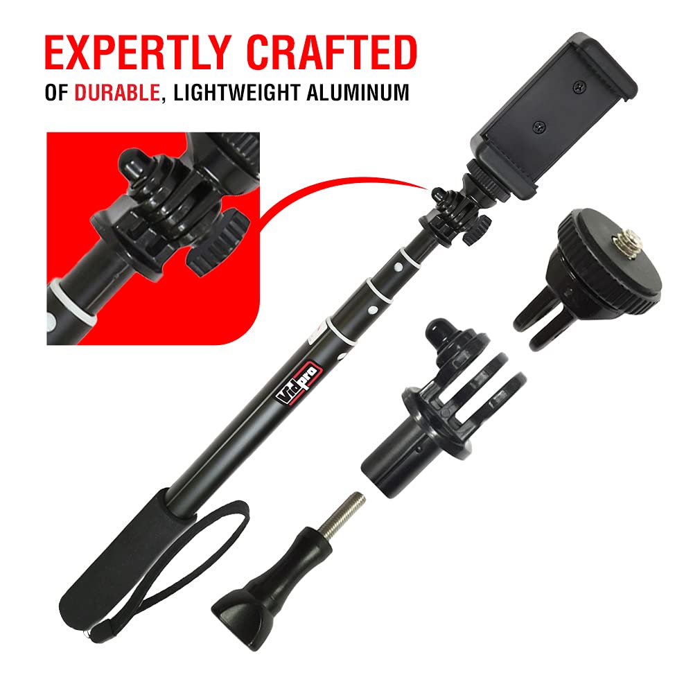 Vidpro MP20 Action Pole Lightweight 36inch Extendable Aluminum Monopod Collapses down to 10 inches Includes Integrated Mount for GoPro Phone Clamp
