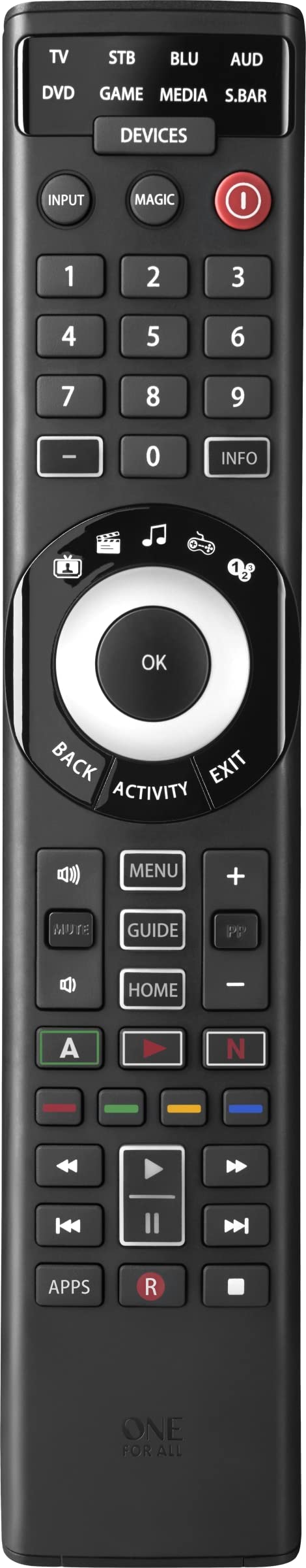 One for All URC7880 Universal Smart Remote Control up to 8 Devices with Free Setup App - Easy Learning Feature - Infrared Connectivity Technology and 3 Shortcut App Keys - Black