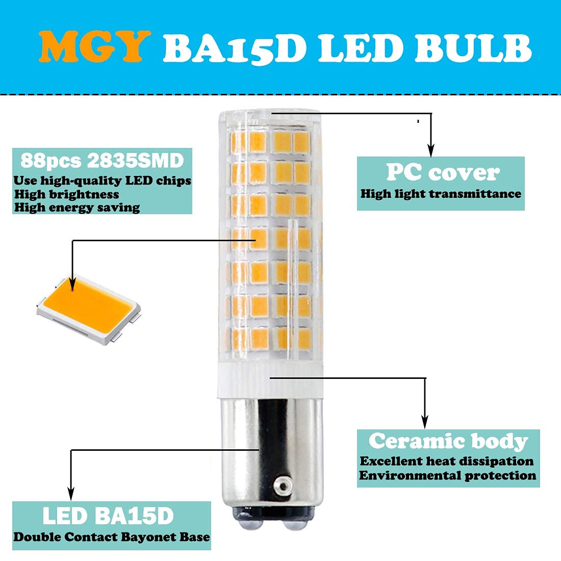 G MGY OLED BA15D LED Bulb, Dimmable BA15D LED Light Bulb, 60W Halogen Bulb Equivalent, 6W, AC120V, Double Contact Bayonet Base (Warm White, 4)