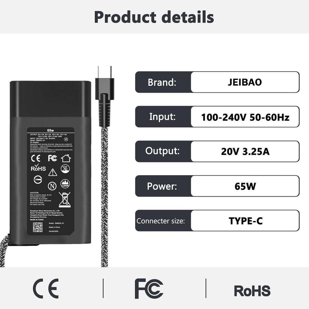 JEIBAO Slim 65W USB C Laptop Charger Compatible with HP Chromebook X360, Envy, Elitebook, Spectre X360, Elitebook/Chromebook/Elite x2/Envy/ProBook