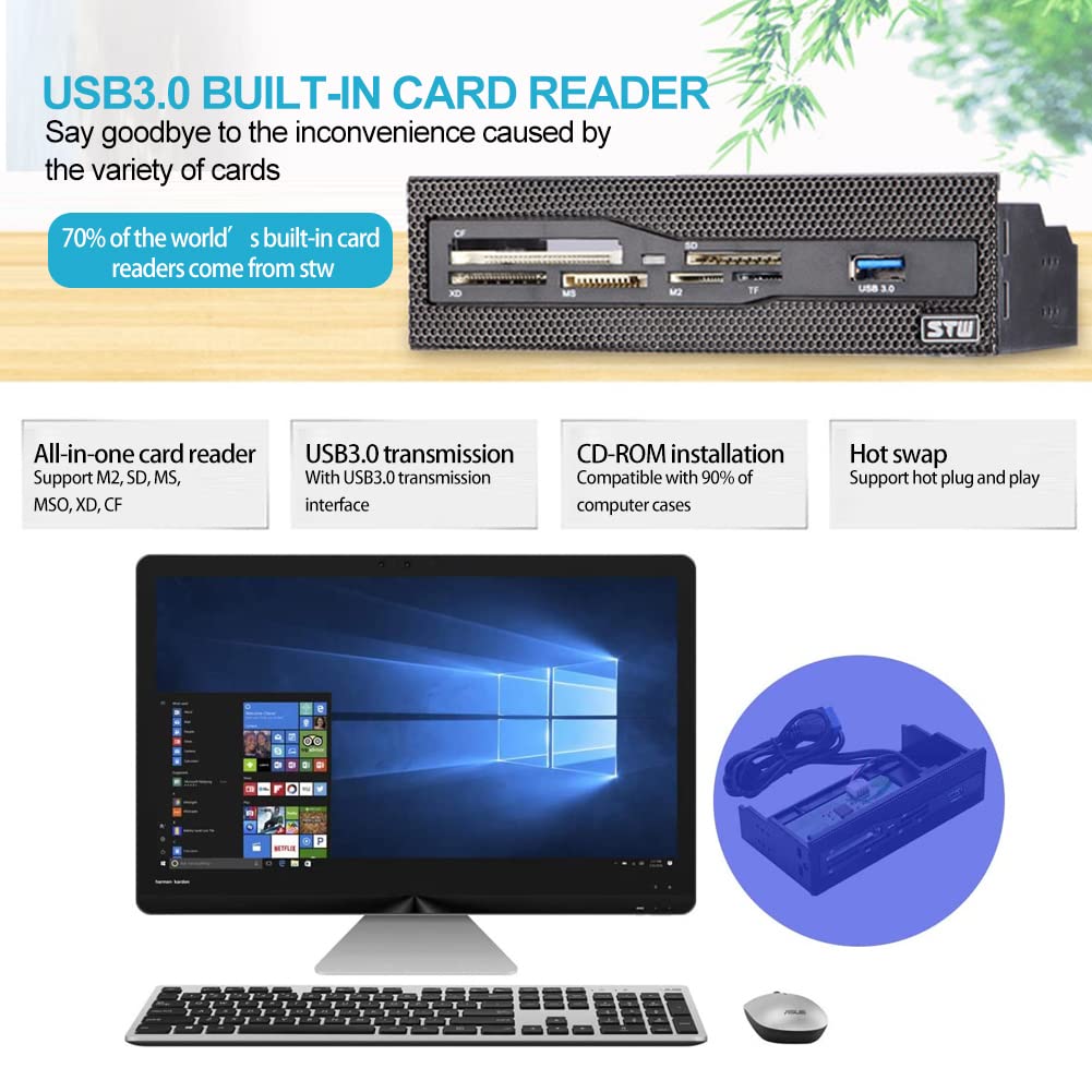 Computer Front Panel USB 2.0 PC Internal Card Reader PC Dashboard Fits 5.25 inch Drive Bay, Support M2, MS, XD, CF, TF Card