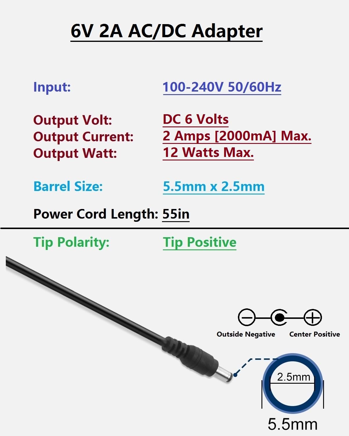 DC 6 Volt 2 Amp Power Supply, AC Adapter 100-240 50-60Hz to DC6V Power Supply 6V 2A AC/DC Adapter Cord with 5.5mm x 2.5mm Barrel Plug