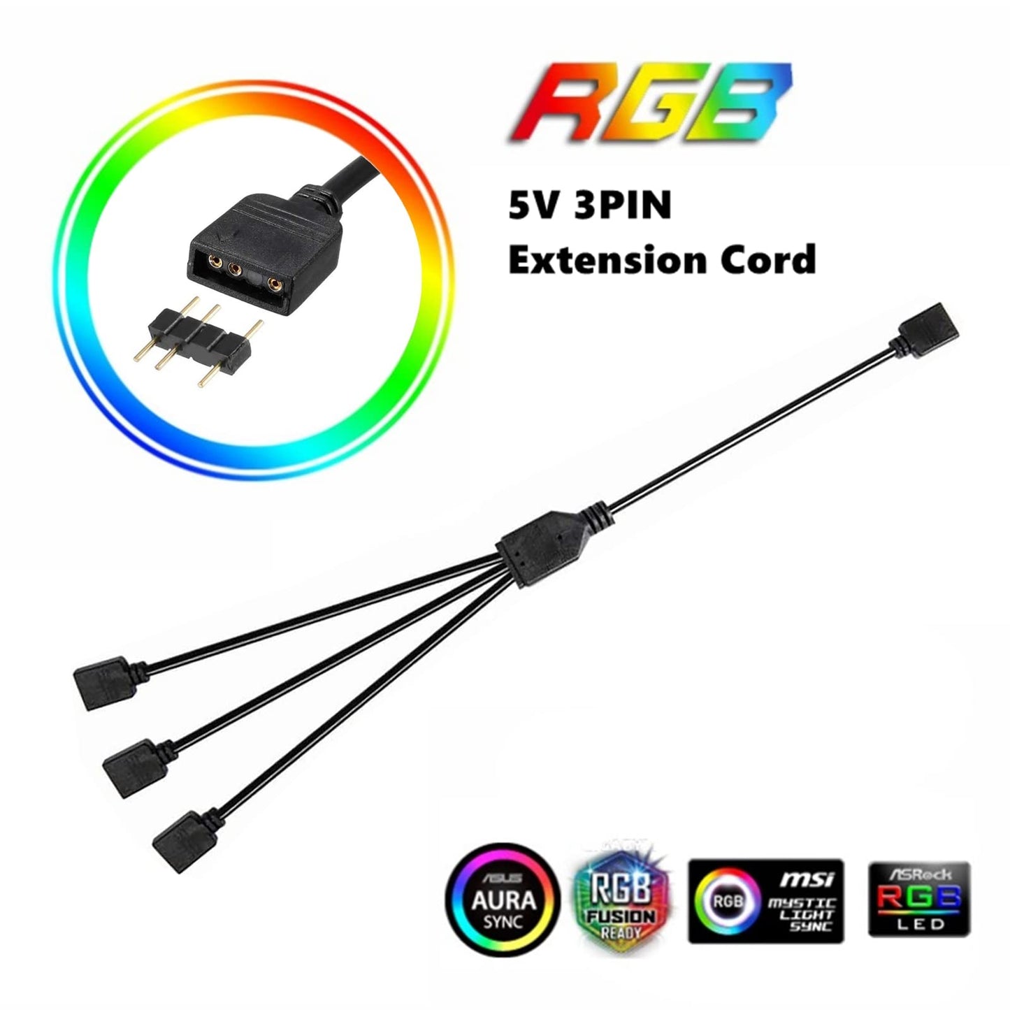 Besvalo RGB Extension Cable 3 Pin, Computer Motherboard ARGB Interface Extension Cable Female Connetor, 5 V Argb 3-Pin Connector 1-3