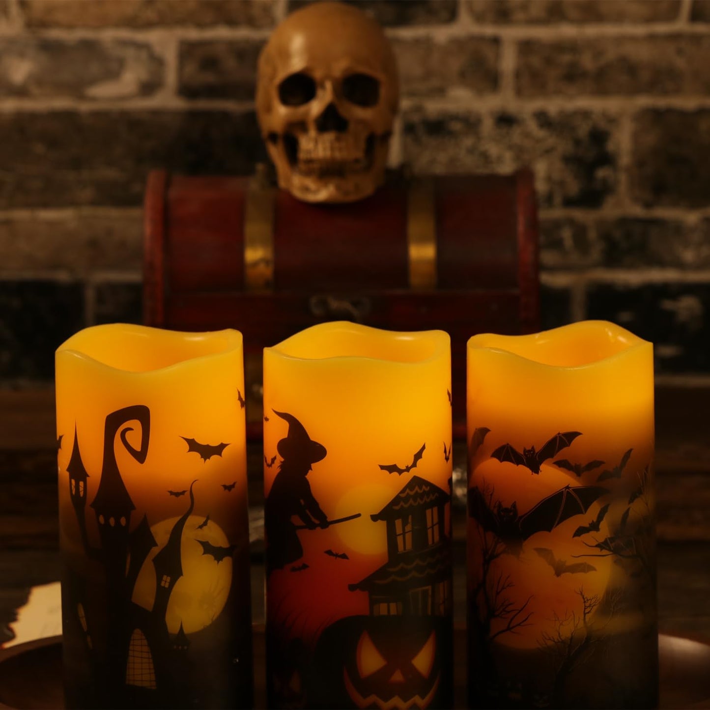 OWLZOO Set of 3 Halloween Flameless Pillar Candles, Battery Operated LED Candles with Timers & Remote, Orange Wax Warm Light Flickering Witch Bats