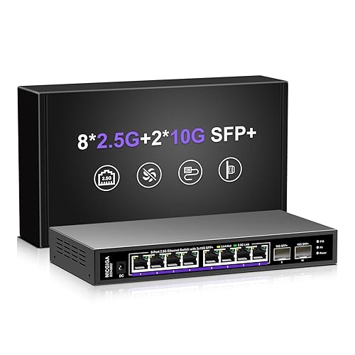 10 Port 2.5Gb Unmanaged Ethernet Switch with 8* 2.5G Base-T Ports + 2* 10G SFP+ Ports. NICGIGA 8 Port 2.5Gbps Network Switch for 2.5Gbps NAS/PC, WiFi6