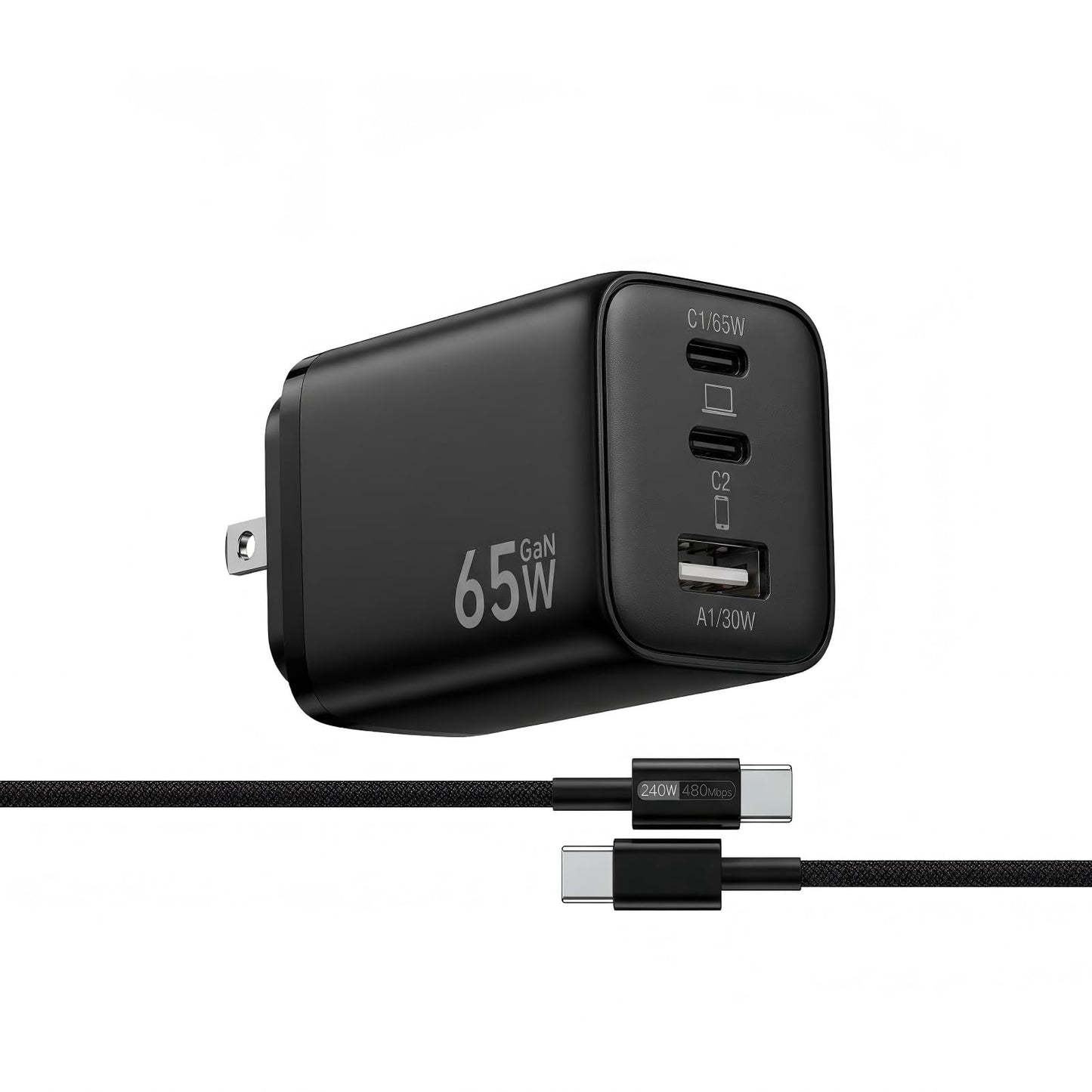 65W USB C Charger Block, 3-Port GaN III Fast Charger, Foldable Wall Charger with 6FT 240W Braided Cable Compatible iPhone 17Pro/16, Mac Book