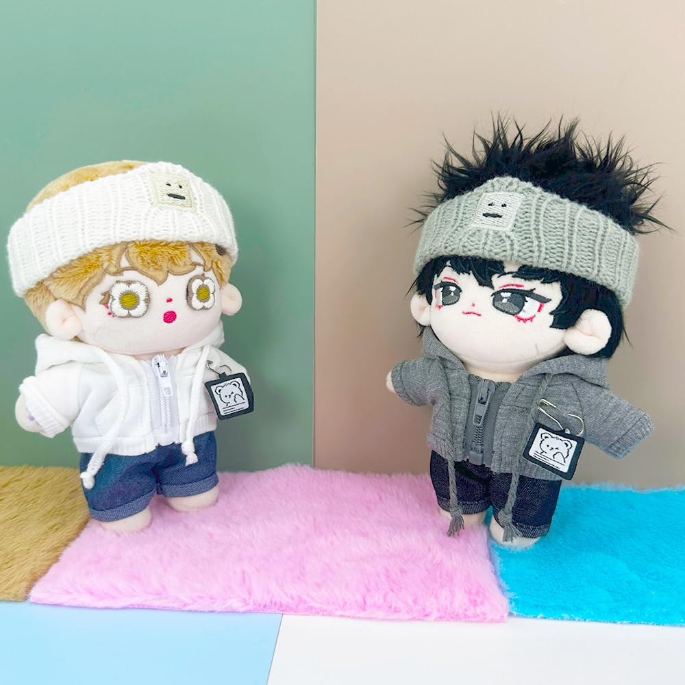 niannyyhouse 10cm-15cm Plush Doll Clothes Headband Coat Jeans Compatible with 17cm Labubu Doll (Black+Blue)