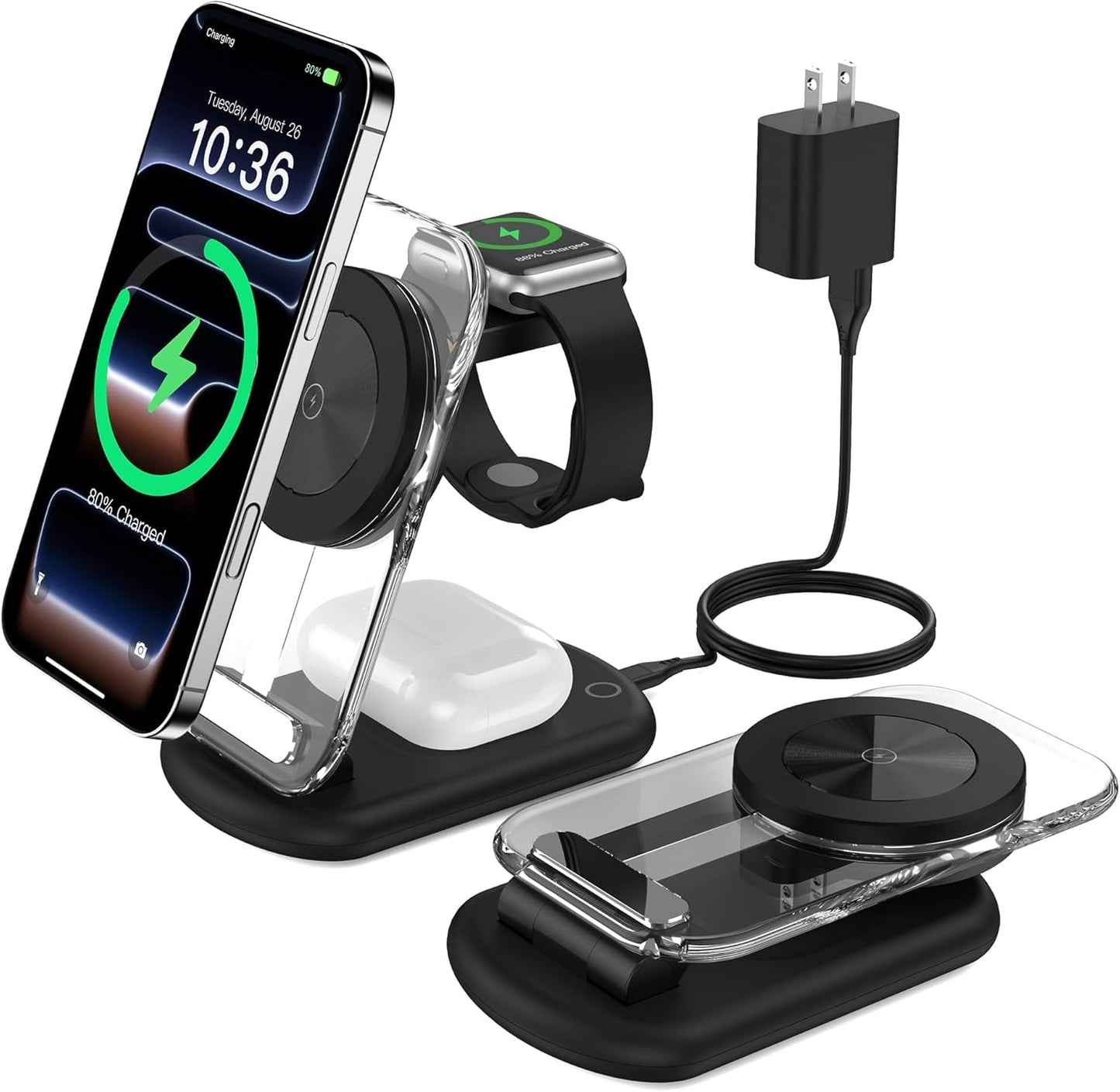 3 in 1 Magnetic Wireless Charging Station for Apple Devices, Fast Foldable Travel Mag-Safe Charger Stand with Night Light for iPhone 17 16 15 14 13 12