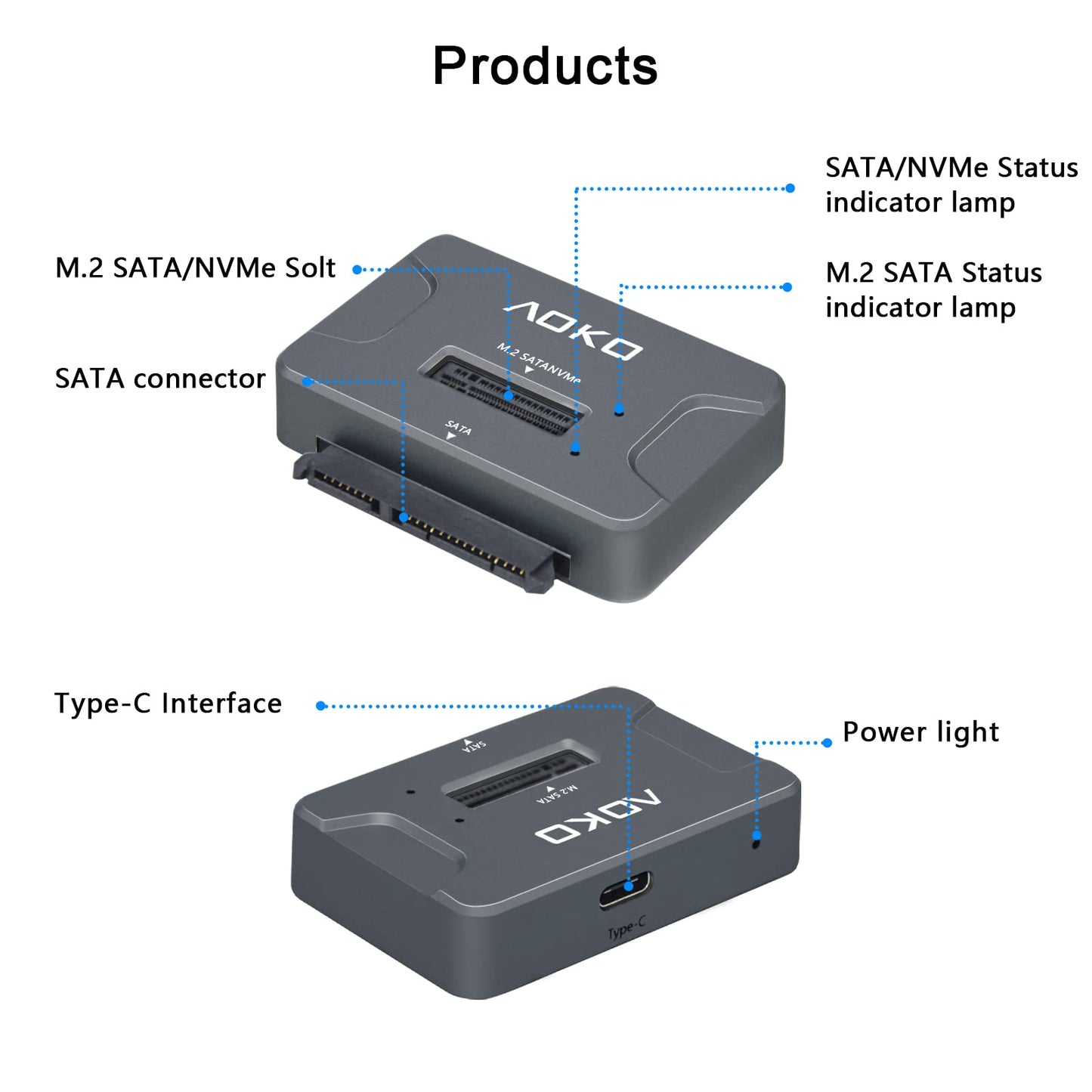 AOKO NVMe to USB 3.2(10Gbps) SSD Reader Docking Station - Portable M.2 SSD to USB Adapter External NVMe SSD Enclosure for M.2 PCIe NVMe and M.2 SATA