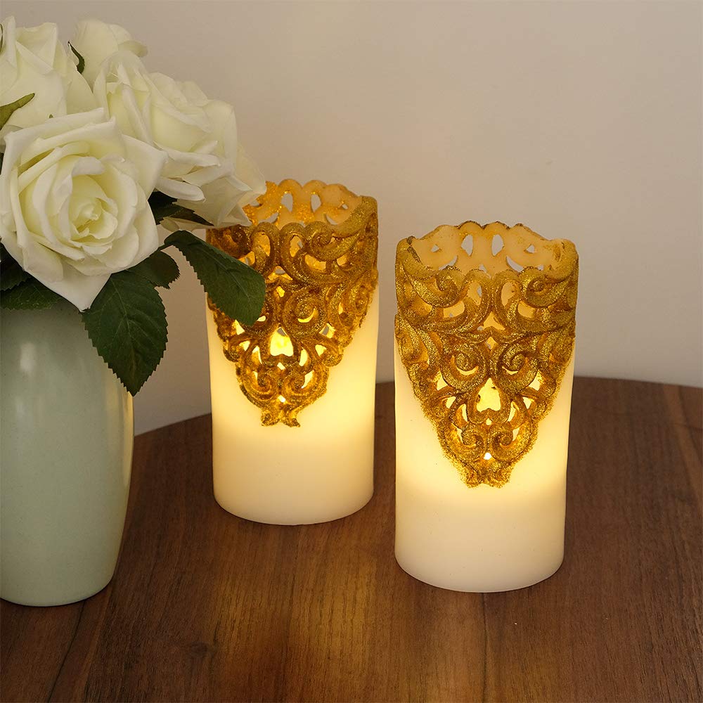 DRomance Hollow Gold Flameless Flickering Candles with 5H Timer, Battery Operated LED Pillar Candles Unscented Wax Warm Light Christmas Home