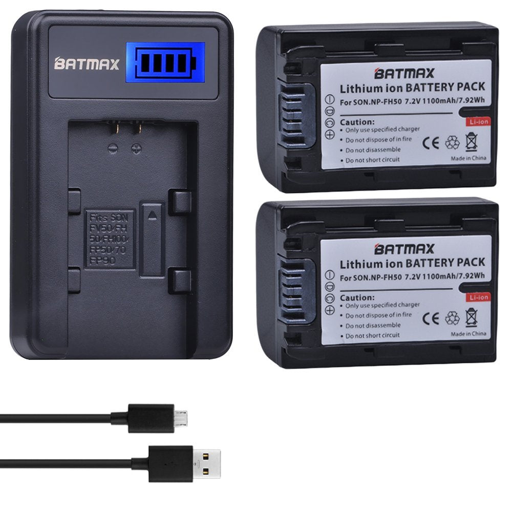 Batmax 2Packs NP-FH50 Battery + LCD USB Charger for Sony NP-FH30,NP-FH40,NP-FH50 H Series Batteries;Sony Alpha DSLR A230, DSLR A290, DSLR A330, DSLR