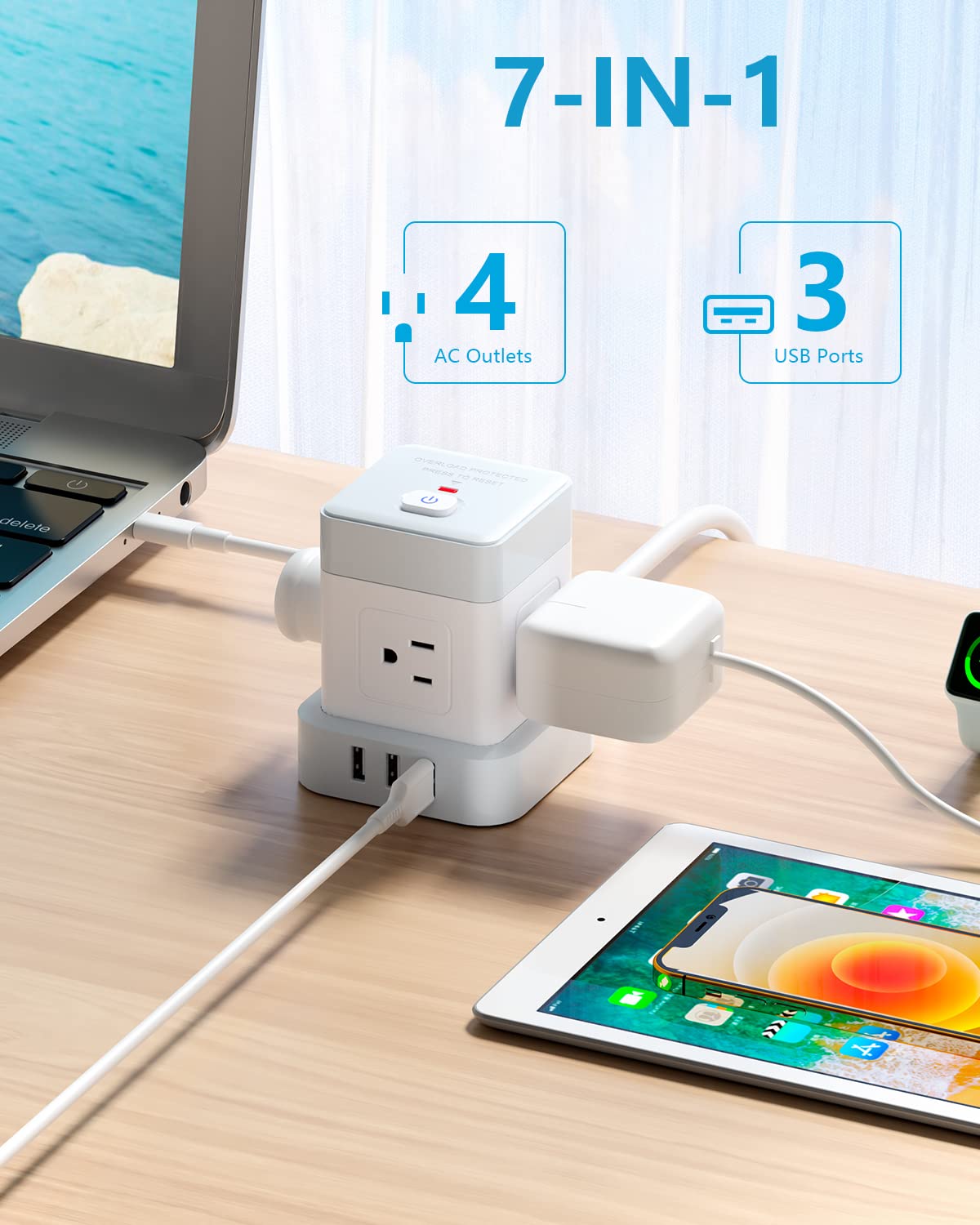 Baykul Power Strip with USB, 4 Outlet 3 USB Ports (3 USB-A) Power Strip Cube, 10 ft Extension Cord, Flat Plug Surge Protector, Kitchen, Home, Office