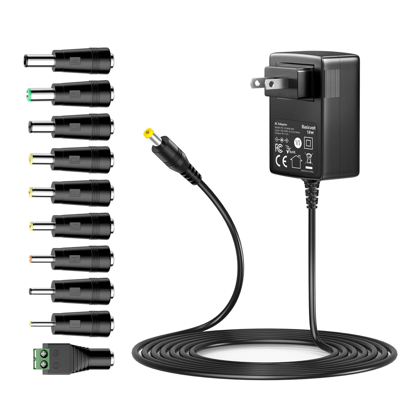 Basicvolt Universal AC Adapter 9V 2A Power Supply Center Positive DC 9 Volt 1.8A 1.5A 1A 0.8A 0.5A 450mA Power Cord Charger for LED Strip Light CCTV…