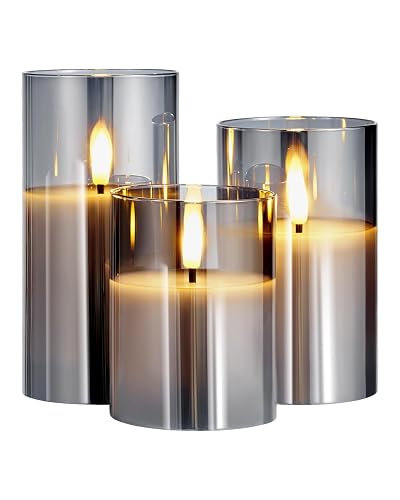VEVOR Gray Flickering Flameless Candles, Set of 3 Battery Operated Flameless Led Candles with 10-Key Remote and Timer, Real Wax & Warm Color