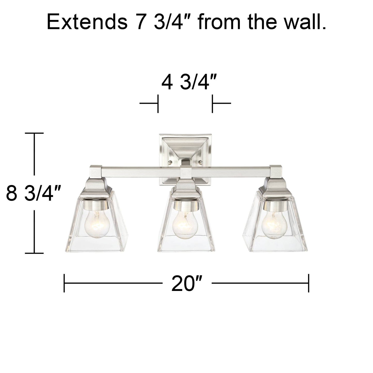 Regency Hill Mencino Mid Century Modern Wall Light Satin Nickel Silver Metal Hardwired 20" Wide 3-Light Fixture Clear Glass Cone Shade for Bathroom