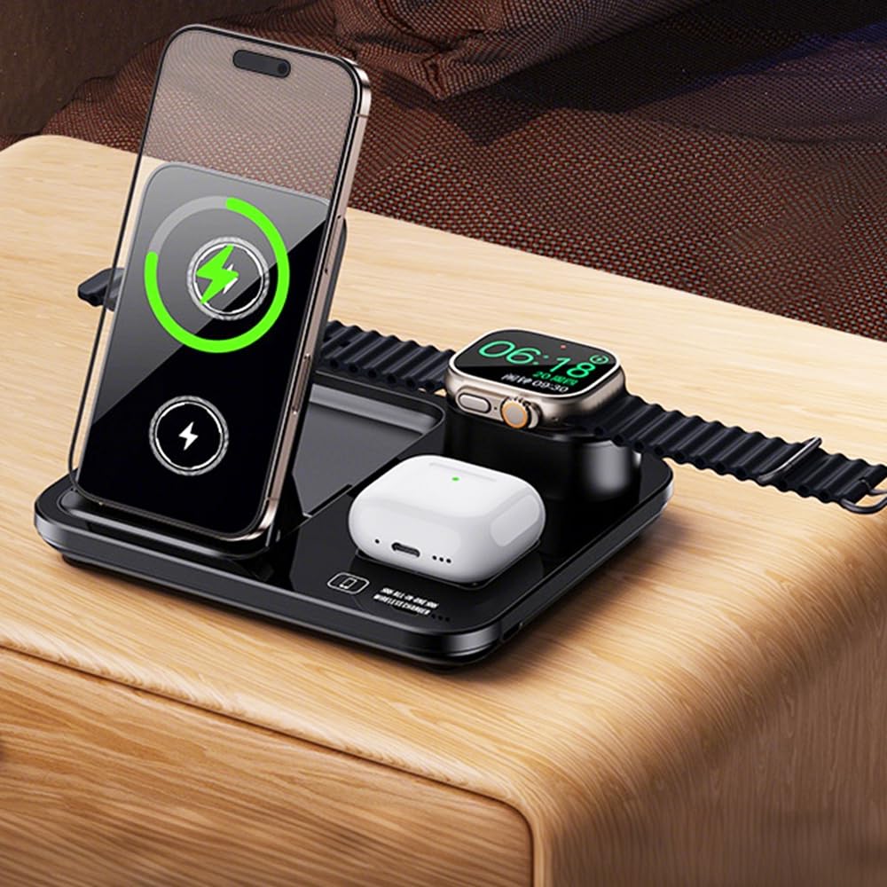 IHAO 3in1 Auto-Rising Wireless Charging Station 15W Fast Charge Ultra-Slim Foldable Design Wireless Charger for Phone Watch Earbud QC3.0 & PD