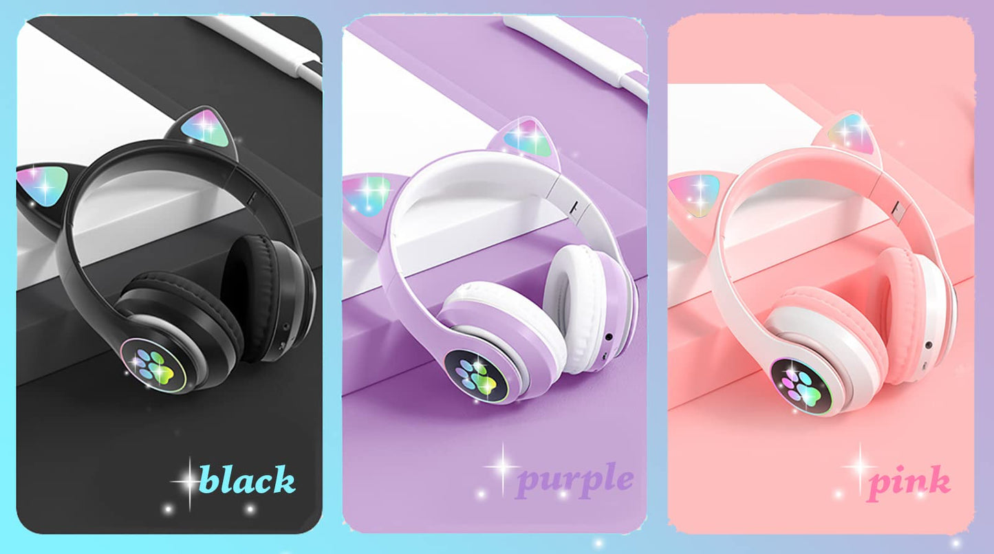 kuyaon Wireless Kids Headphones for Boys Girls, Cat Ear LED Light Up Bluetooth Headphones with Microphone…