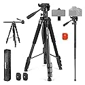 NEEWER Basic 74" Video Tripod Monopod, 3 Way Pan Tilt Head, Remote, Overhead Camera Mount, Horizontal Central Axis, Phone Holder Compatible