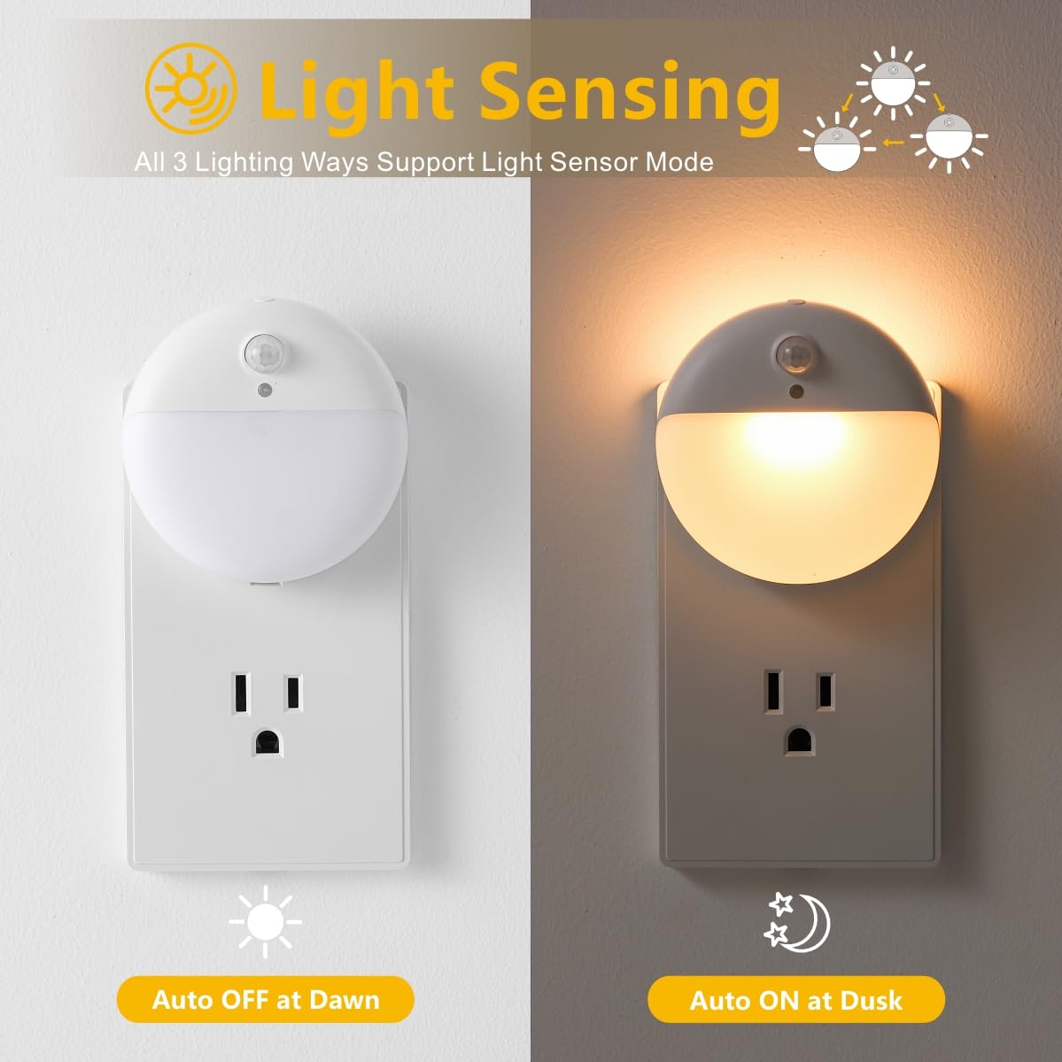 YUNLEX 2 Pack Plug in Night Light with 3 Lighting Ways, Stepless Dimming, Light Sensor, Warm White Nightlight for Bathroom, Hallway, Stairs, Bedroom