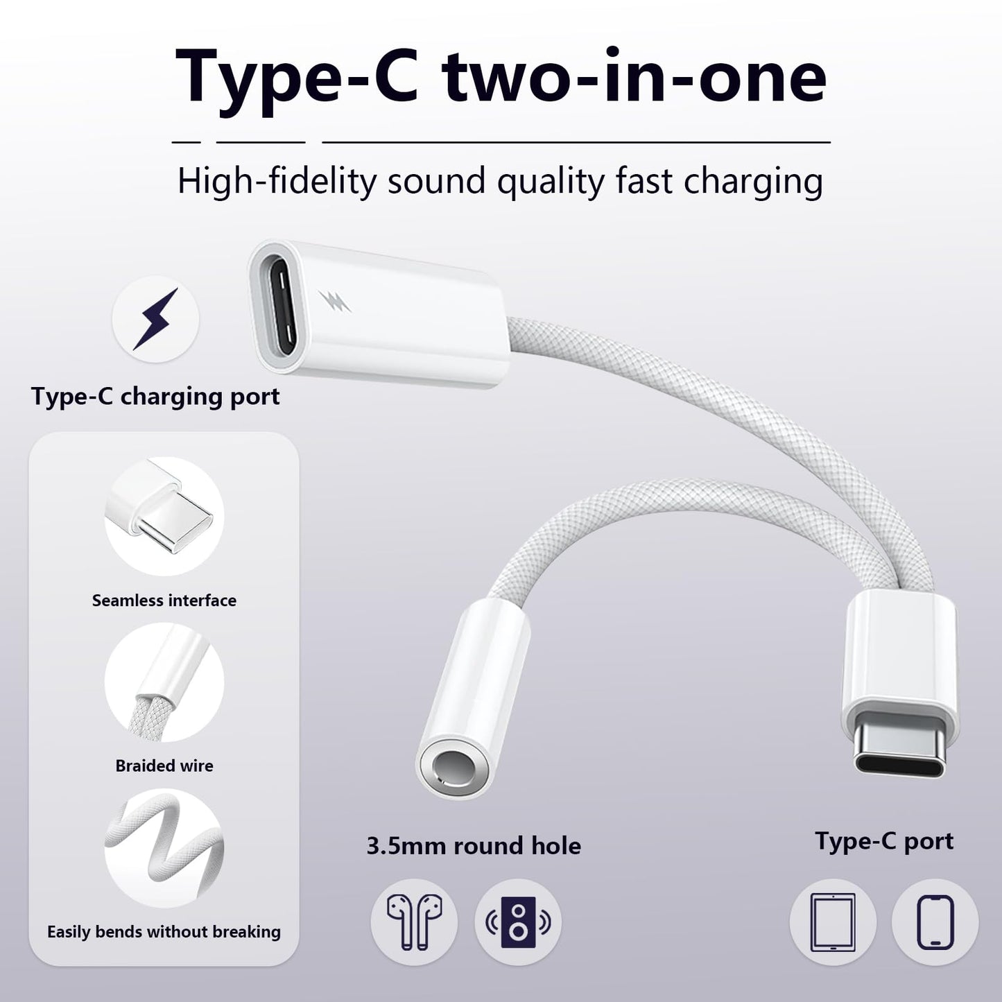 USB C to 3.5mm Headphone and Charger Adapter, 2-in-1 USB Type C to Aux Jack Dongle Cable with PD 60W Fast Charging for iPhone 15 16 17 Pro Max