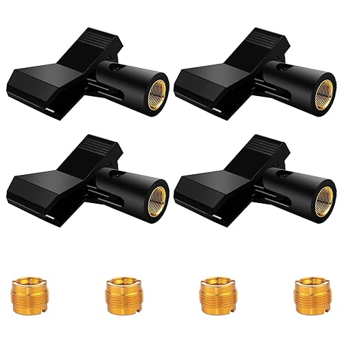4 Pack Universal Adjustable Mic Clips for Stands, Wireless Microphone Holder with 5/8 to 3/8 Inch Adapter, 180° Adjustable Knob, Secure Clamp for Mic