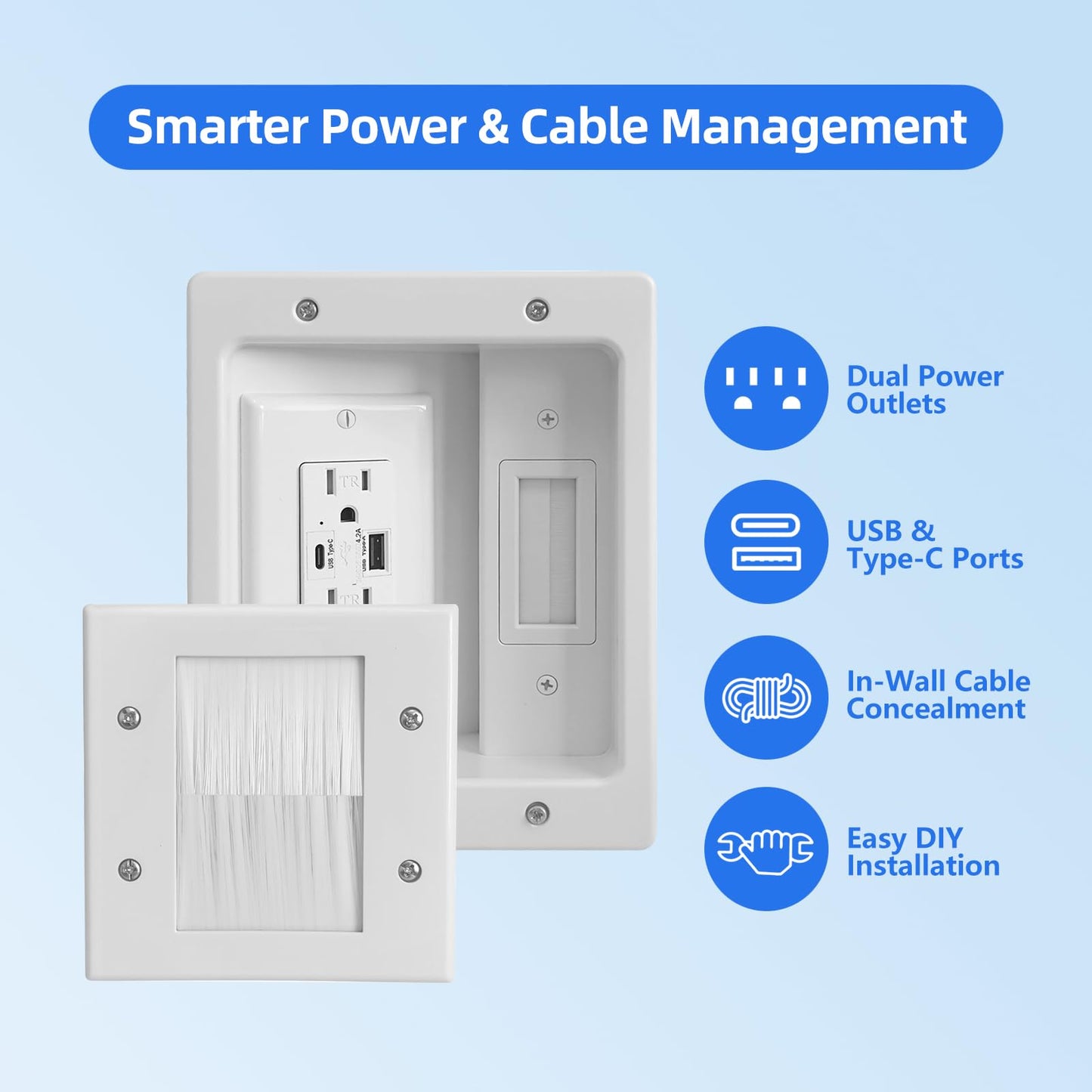 GEVINFA in-Wall TV Cable Management Kit with Power, Dual Outlets, USB-A & USB-C Ports, 9ft/109in Cord, Includes Wall Cutting Tools, Hide TV Wires for