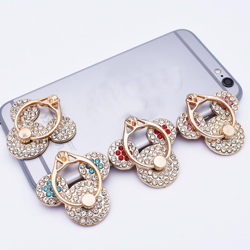 4 Pack Crystal Anime Finger Ring Holder Sparkly Rhinestone Mouse Phone Ring Grips, 360? Rotatable Self-Adhesive Decal Stickers Premium Gold Cell Phone