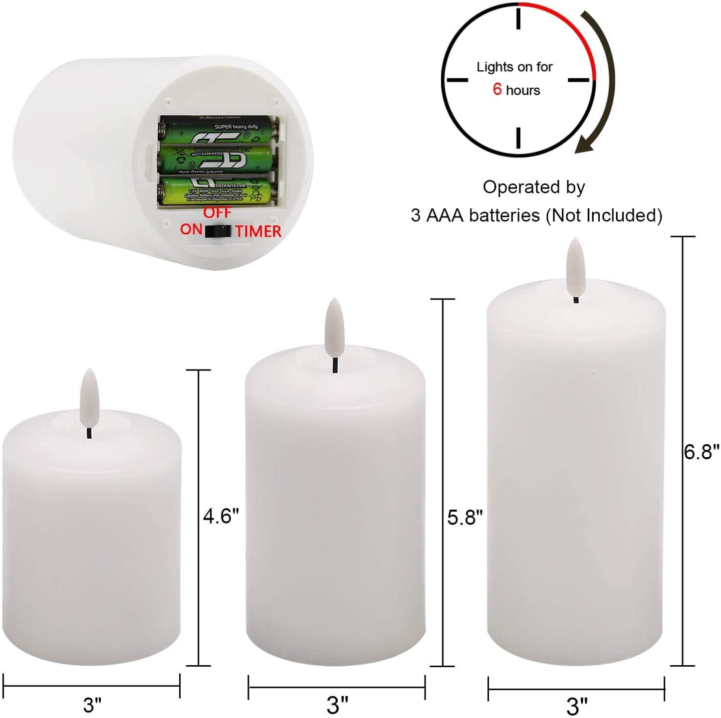 GenSwin Flameless Flickering Candles 3D Wick Battery Operated with 6H Timer, Real Wax Pillar LED Votive Candles Warm Light, Set of 3 Perfect