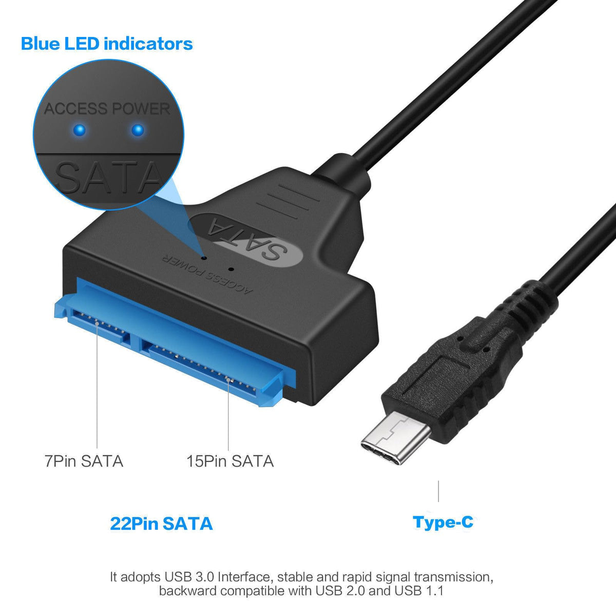 NTQinParts USB 3.1 Type C to SATA III HDD SSD 2.5" Hard Drive Adapter Cable 22-Pin UASP for Samsung 870 EVO SATA III SSD 2.5” Internal Solid State