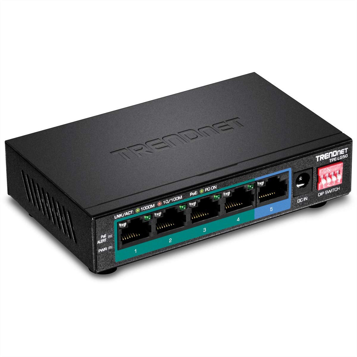 TRENDnet 5-Port Gigabit Long Range PoE+ Switch, TPE-LG50, 4 x PoE+ Ports, 1 x Gigabit Port, Camera DIP Switch extends PoE+ 200m (656 ft.), (Renewed)