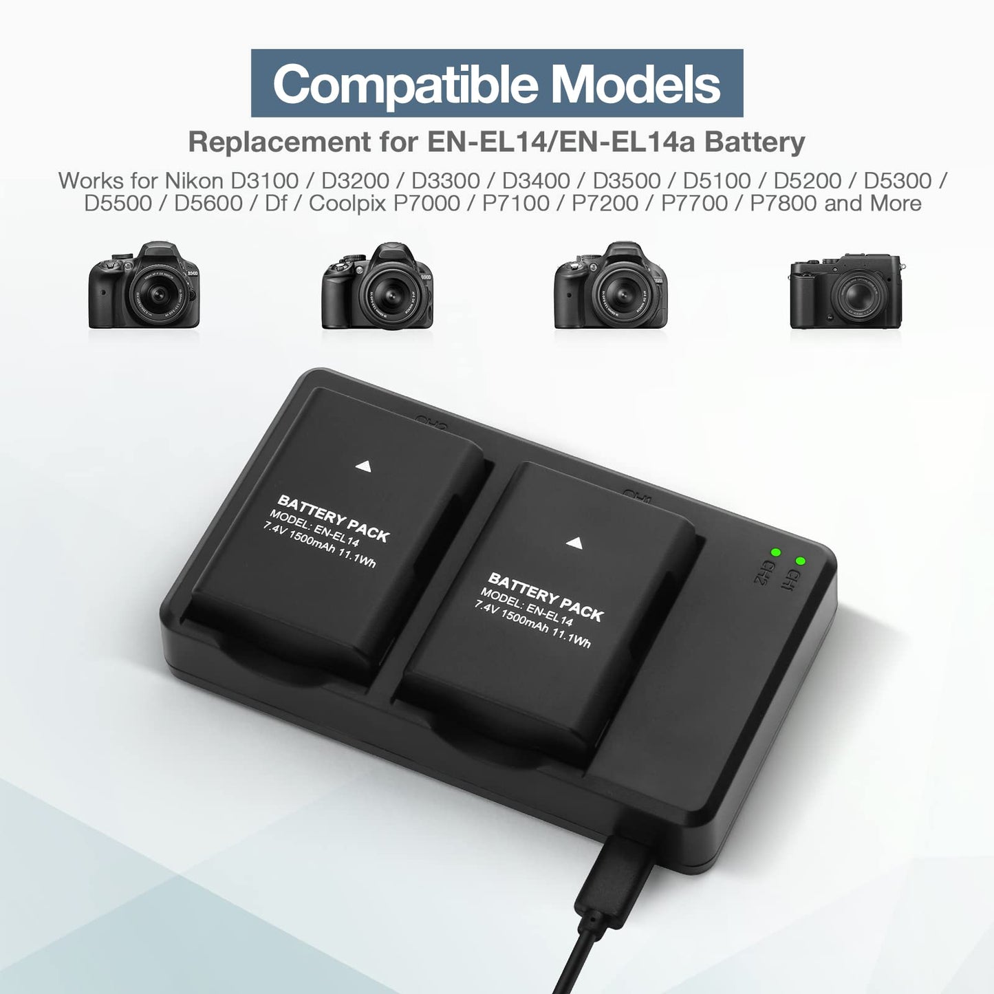 EN-EL14 EN EL14A Battery Charger Compatible with Nikon D3100 D3200 D3300 D3400 D3500 D5100 D5200 D5300 D5500 D5600 DF Coolpix P7000 P7100 P7700 P7800