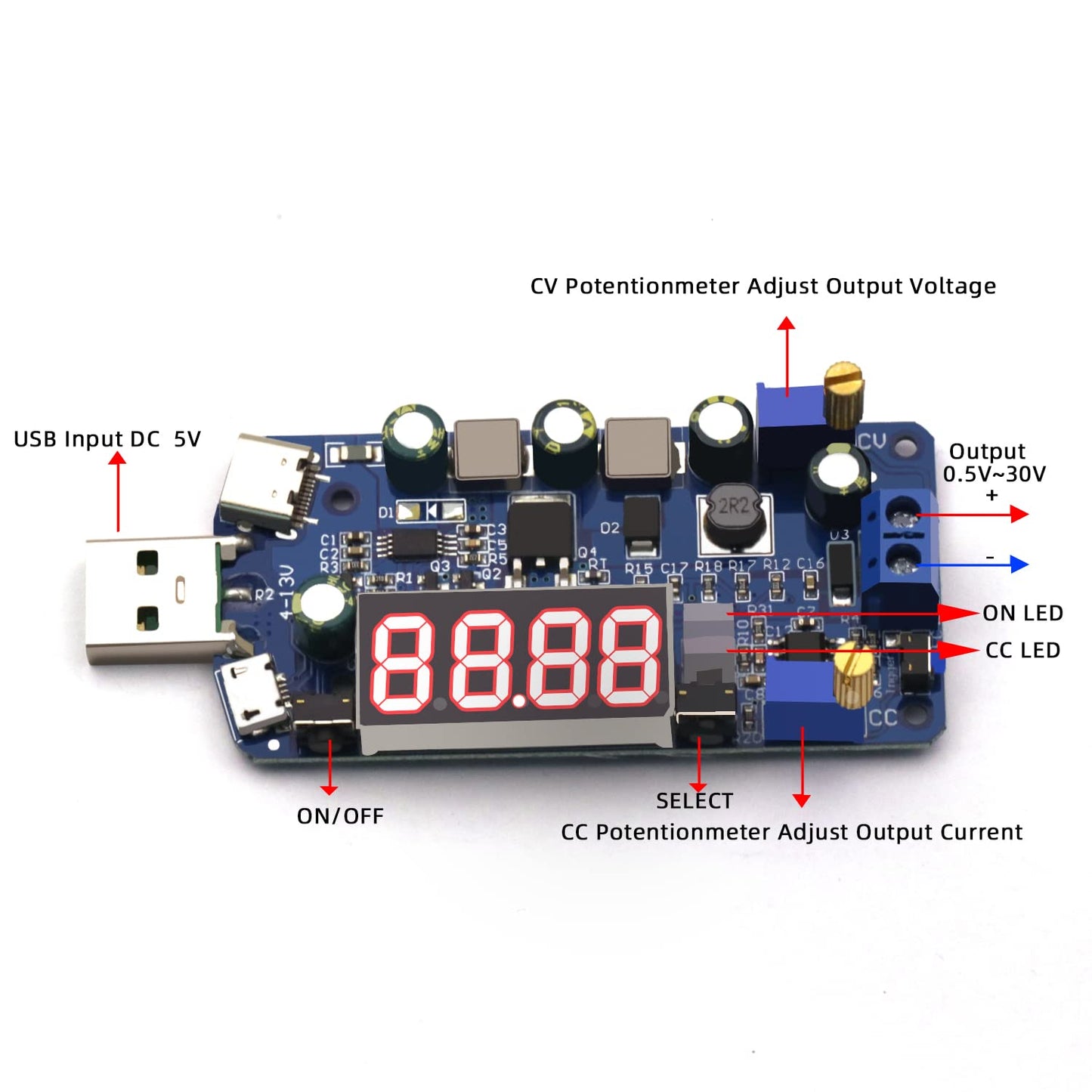 CenryKay Adjustable USB Buck Boost Voltage Converter, 15W DC-DC 0.5-30V Step Up/Down Module Support Fast-Charge of QC 2.0, QC 3.0, FCP, SCP, AFC