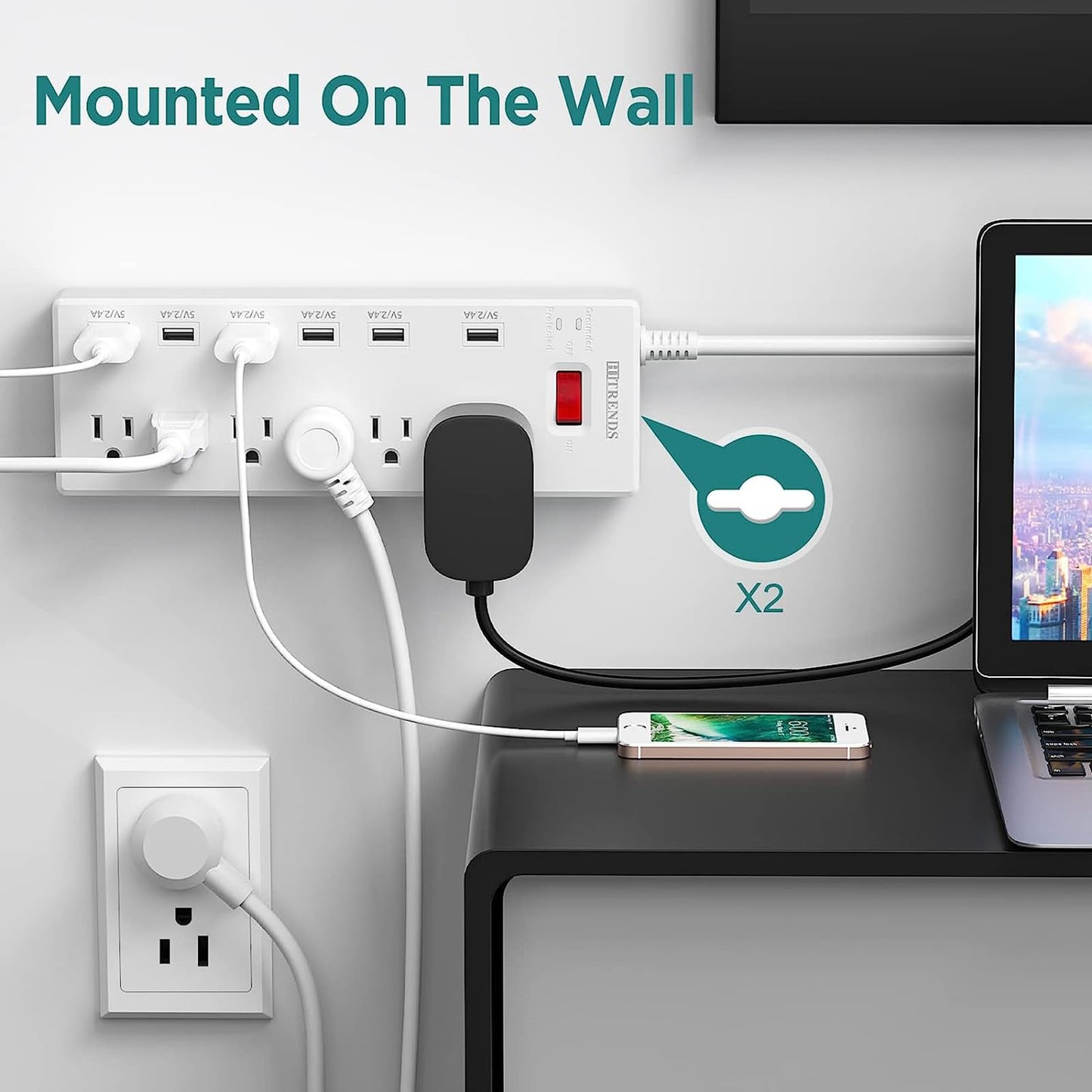 HITRENDS Surge Protector Power Strip 6 Outlets with 6 USB Charging Ports, USB Extension Cord, 1625W/13A Multiplug for Multiple Devices Smartphone