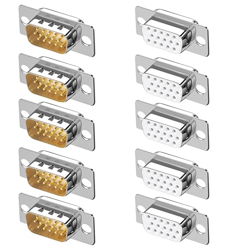 Jienk 10PCS VGA Male Female DB15 3Row Solder Cup Connectors, Gold Plated Joints Solder Type D-SUB HD15 15Pin D Sub Couplers(Male x 5, Female x 5)