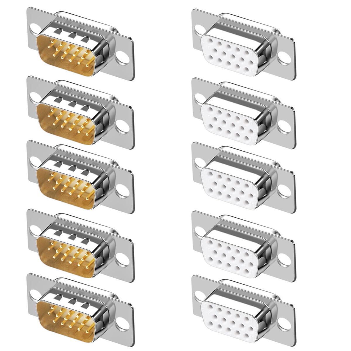Jienk 10PCS VGA Male Female DB15 3Row Solder Cup Connectors, Gold Plated Joints Solder Type D-SUB HD15 15Pin D Sub Couplers(Male x 5, Female x 5)