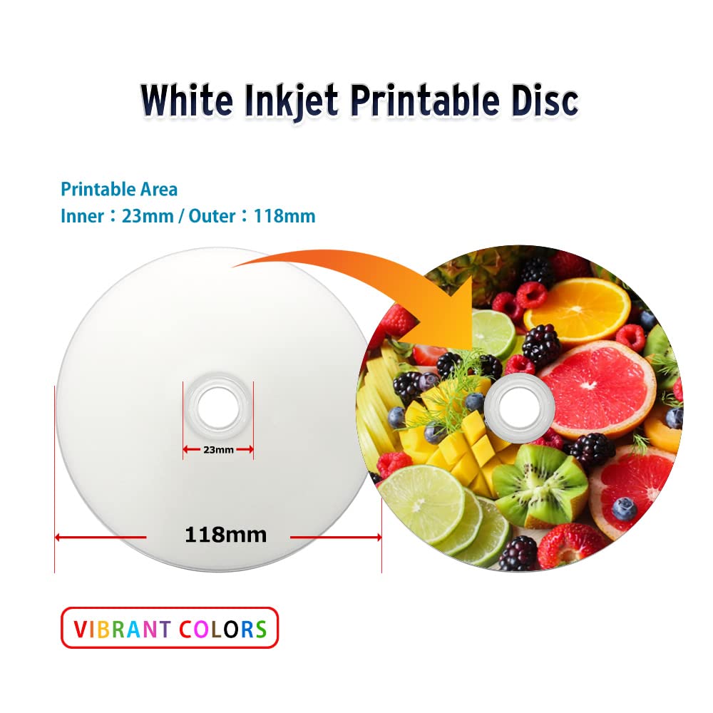 PlexDisc TY Series Blue CD-R 52X 700MB White Inkjet Hub Printable Recordable Media - 50pk Cake Box 66N-214-Y-BX, 50 Discs