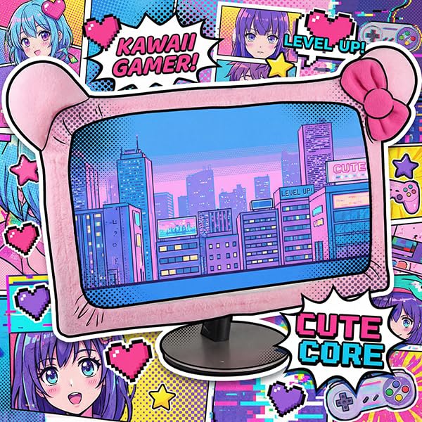 Monfurise 1 Pcs Cute Cat Ear Computer Monitor Cover, Kawaii Pink Dustproof Screen Protector for 20-29 Inch Display, Soft Elastic Fabric Monitor Dust
