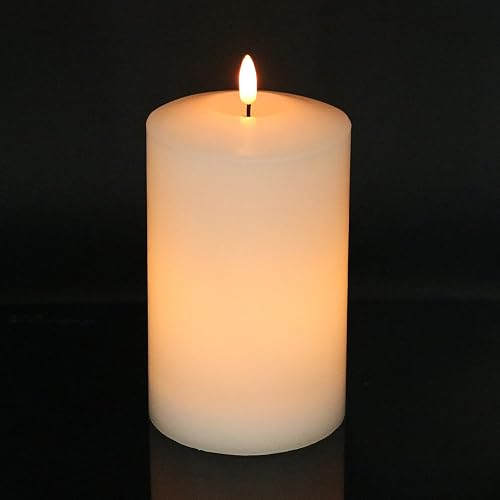 Eldnacele Large Flameless Flickering Candles White 3D Realistic Black Wick with Timer, 4” X 7.5” Battery Operated Real Wax Pillar Candles Warm White