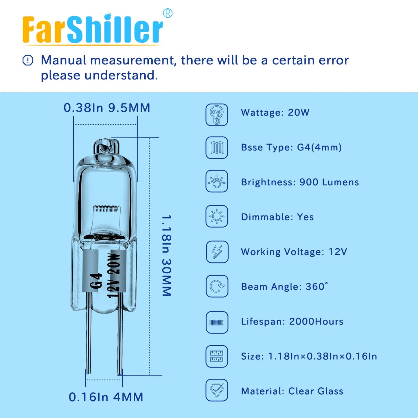 FarShiller G4 Bulb,12V 20W (5 Pack) Halogen Light Bulbs 2 Pin, Replacement for Under Cabinet Puck Light,Chandeliers, Accent Lights, Track Lighting?G4