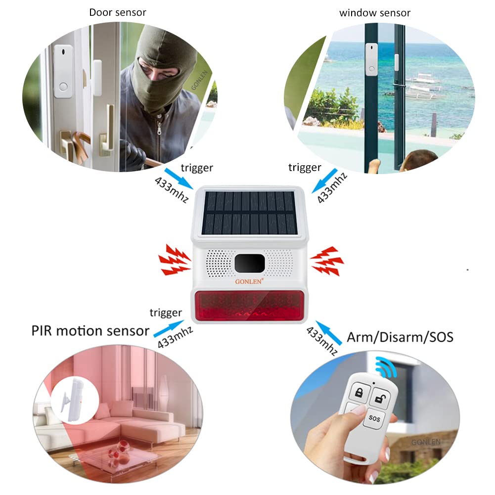 GONLEN Wireless Home Alarm System Strobe Solar Siren Burglar Anti Theft with Door Sensor PIR Motion Detection for Security Protection