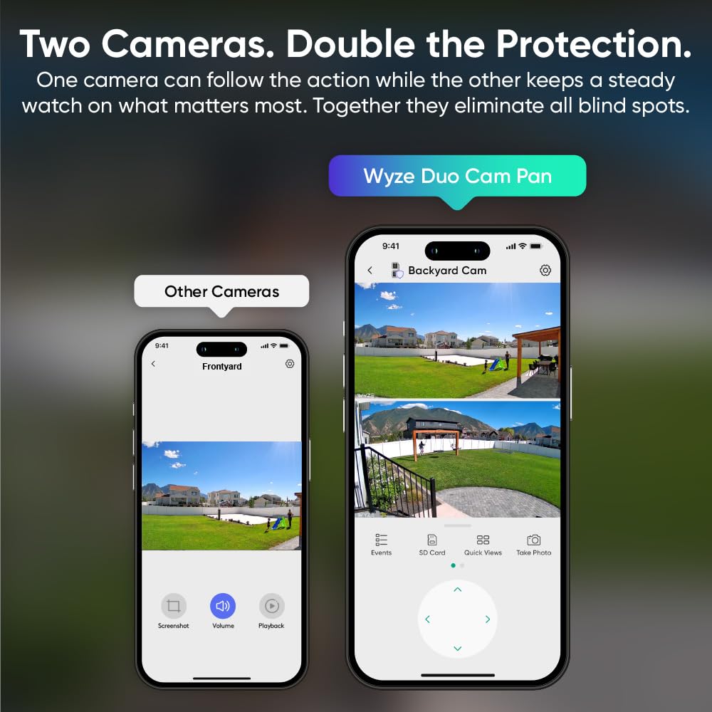 WYZE Duo Cam Pan Indoor/Outdoor IP65 2K 360° Pan/Tilt Smart Home Security Camera with Color Night Vision, Compatible with Alexa & Google Assistant