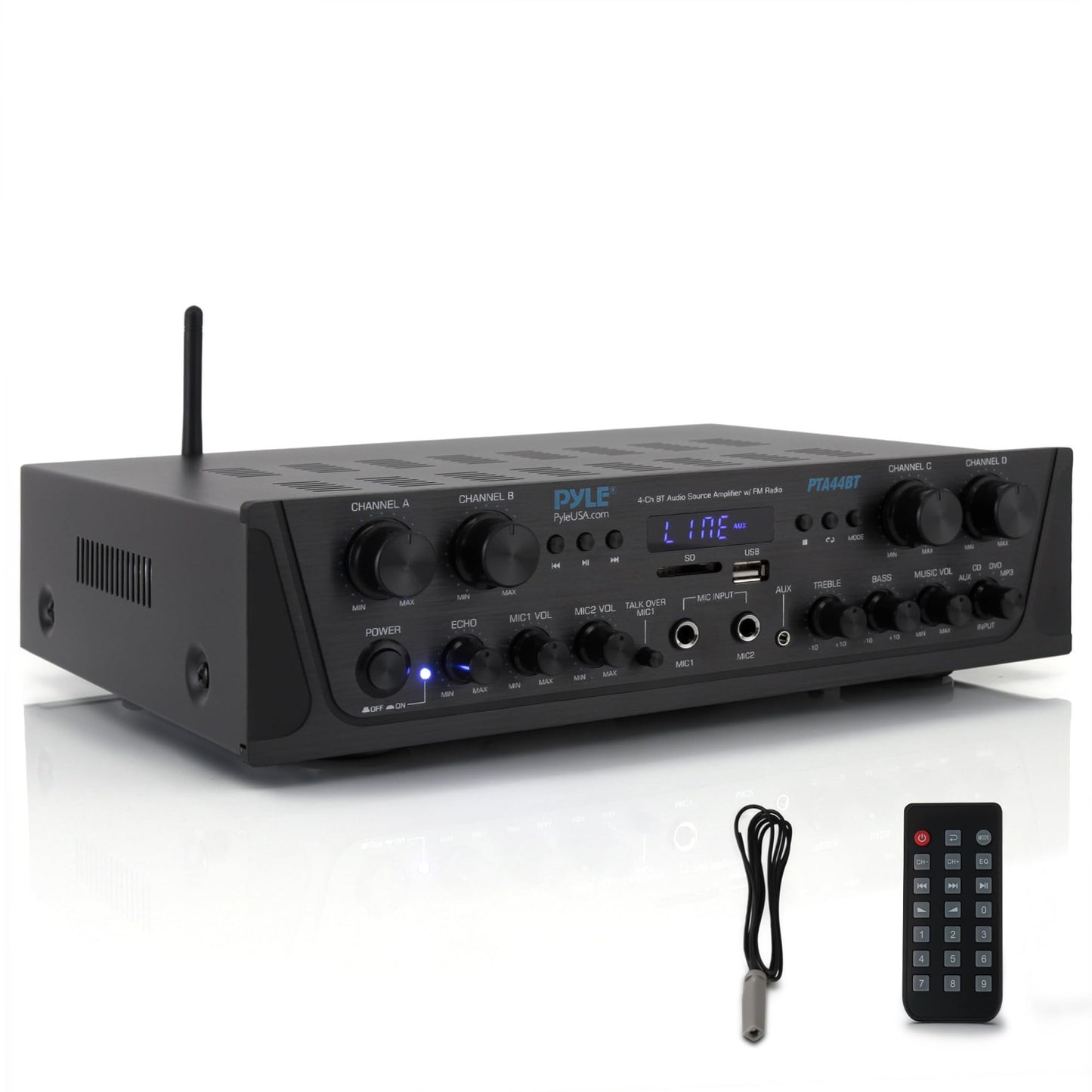 Pyle 4-Channel Audio Amplifier with Bluetooth - Home Stereo Receiver w/ 500W Max Power - Commercial or Karaoke - Dual Mic Input with Echo, Vol