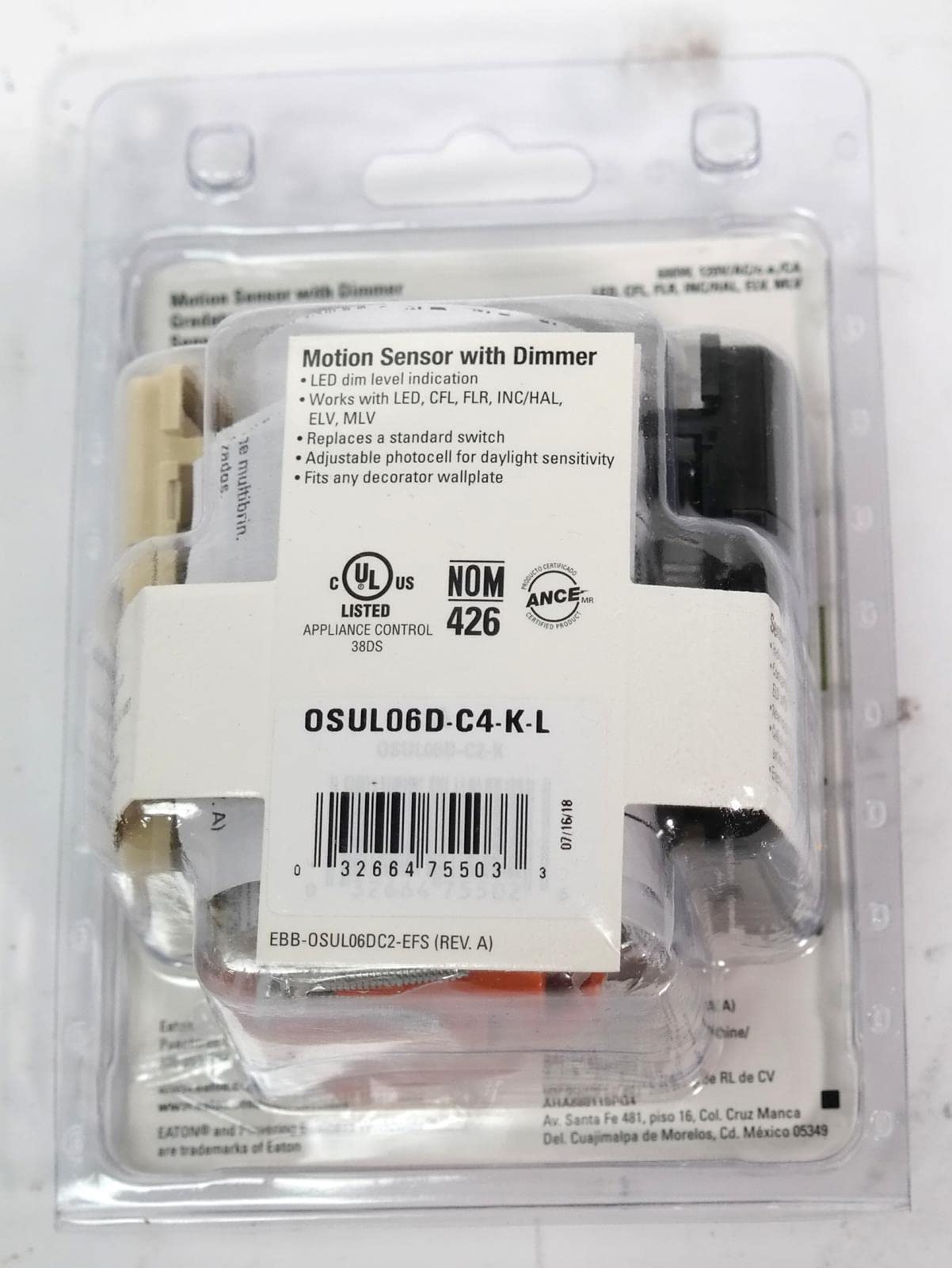 EATON OSUL06D-C4-K-L Occupancy Motion Sensor with Dimmer, Single Pole & 3-Way, in White Ivory Black Colors