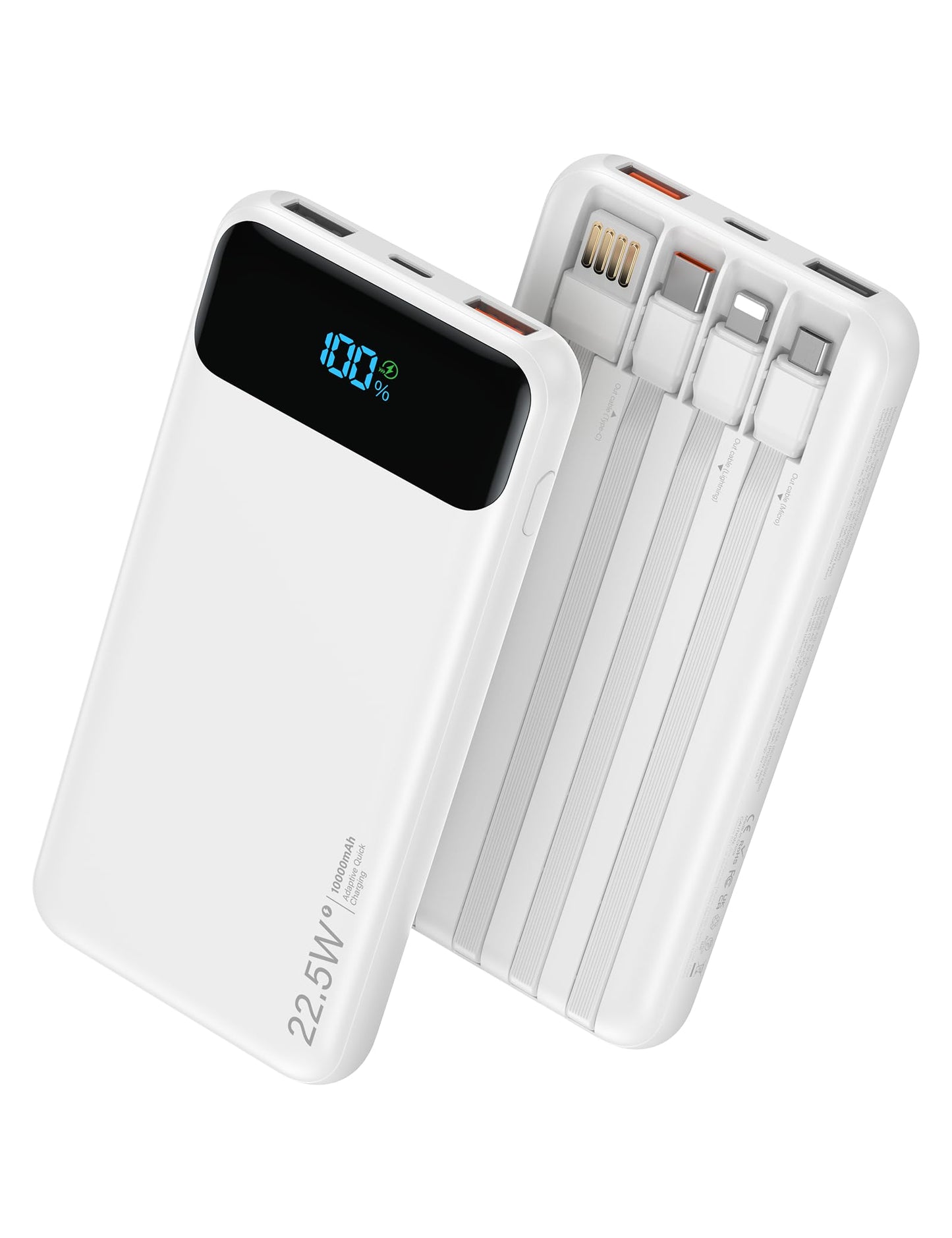 Portable Charger, 10000mAh 22.5W Fast Charging Power Bank with 4 Built-in Cables, Travel Essentials Battery Pack with LED Display, 6 Outputs Charging